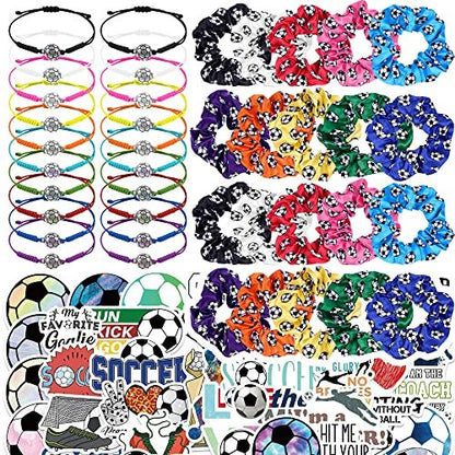 Soccer Party Supplies Set: 140 Pcs Satin Scrunchies, Adjustable Bracelets & Stickers for Sports Themed Birthday Avelisse