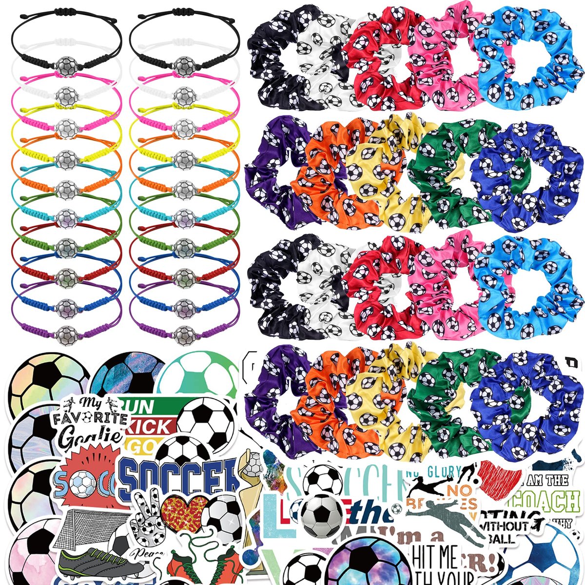 Soccer Party Supplies Set: 140 Pcs Satin Scrunchies, Adjustable Bracelets & Stickers for Sports Themed Birthday Avelisse