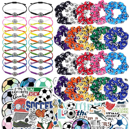 Soccer Party Supplies Set: 140 Pcs Satin Scrunchies, Adjustable Bracelets & Stickers for Sports Themed Birthday Avelisse