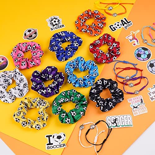Soccer Party Supplies Set: 140 Pcs Satin Scrunchies, Adjustable Bracelets & Stickers for Sports Themed Birthday Avelisse