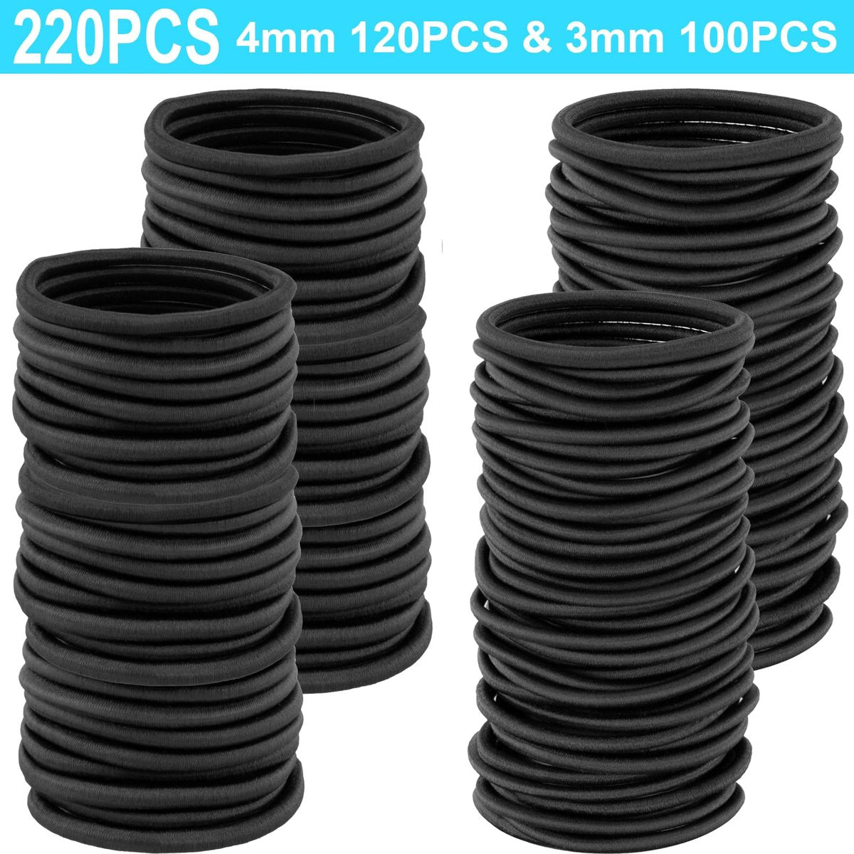 YXYL Hair Ties - 220 PCS Black Hair Elastics, Premium Rubber Bands for Women Men Ponytail Holders - Medium Thick Curly Hair (120PCS 4mm + 100PCS 3mm) - görsel 3