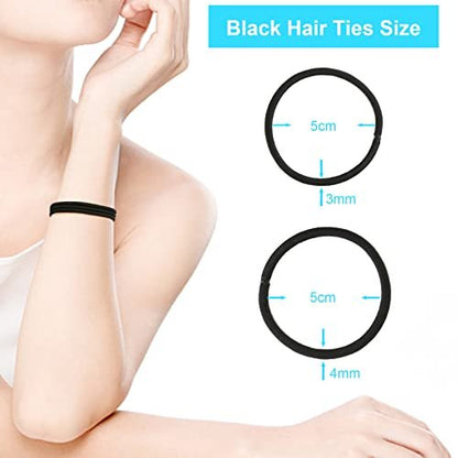 YXYL Hair Ties - 220 PCS Black Hair Elastics, Premium Rubber Bands for Women Men Ponytail Holders - Medium Thick Curly Hair (120PCS 4mm + 100PCS 3mm)