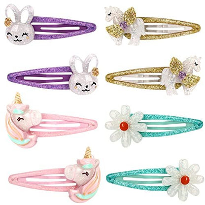 Wingchold Girls Flower Snap Hair Clips - 8 Pack Unicorn No Slip Metal Hair Pins for Toddlers Kids, Colorful Rabbit Barrette Hair Accessories, Party Birthday Gift Supplies