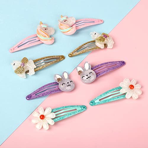 Wingchold Girls Flower Snap Hair Clips - 8 Pack Unicorn No Slip Metal Hair Pins for Toddlers Kids, Colorful Rabbit Barrette Hair Accessories, Party Birthday Gift Supplies - görsel 6
