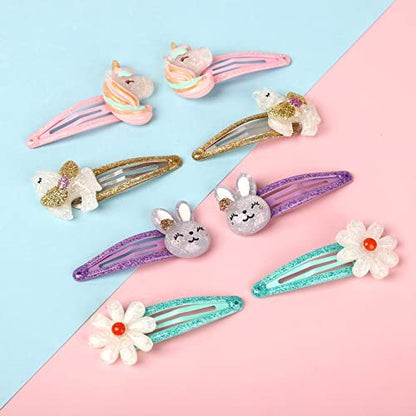 Wingchold Girls Flower Snap Hair Clips - 8 Pack Unicorn No Slip Metal Hair Pins for Toddlers Kids, Colorful Rabbit Barrette Hair Accessories, Party Birthday Gift Supplies