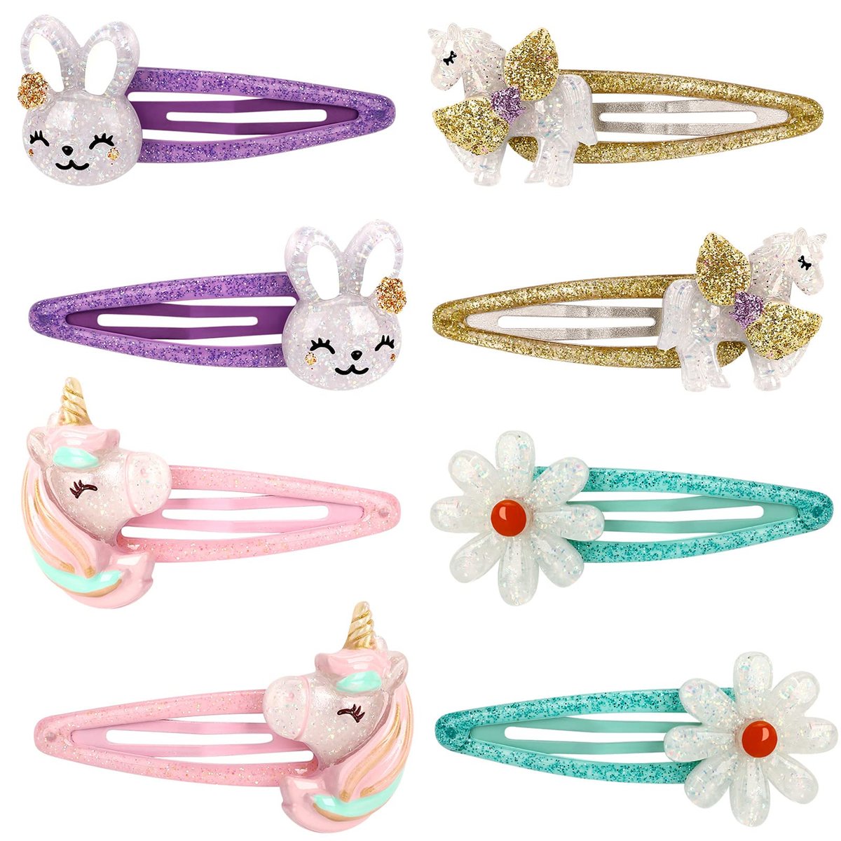 Wingchold Girls Flower Snap Hair Clips - 8 Pack Unicorn No Slip Metal Hair Pins for Toddlers Kids, Colorful Rabbit Barrette Hair Accessories, Party Birthday Gift Supplies - görsel 1