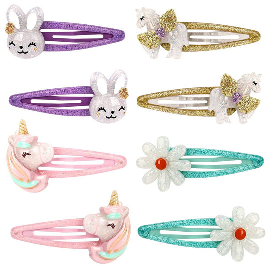 Wingchold Girls Flower Snap Hair Clips - 8 Pack Unicorn No Slip Metal Hair Pins for Toddlers Kids, Colorful Rabbit Barrette Hair Accessories, Party Birthday Gift Supplies