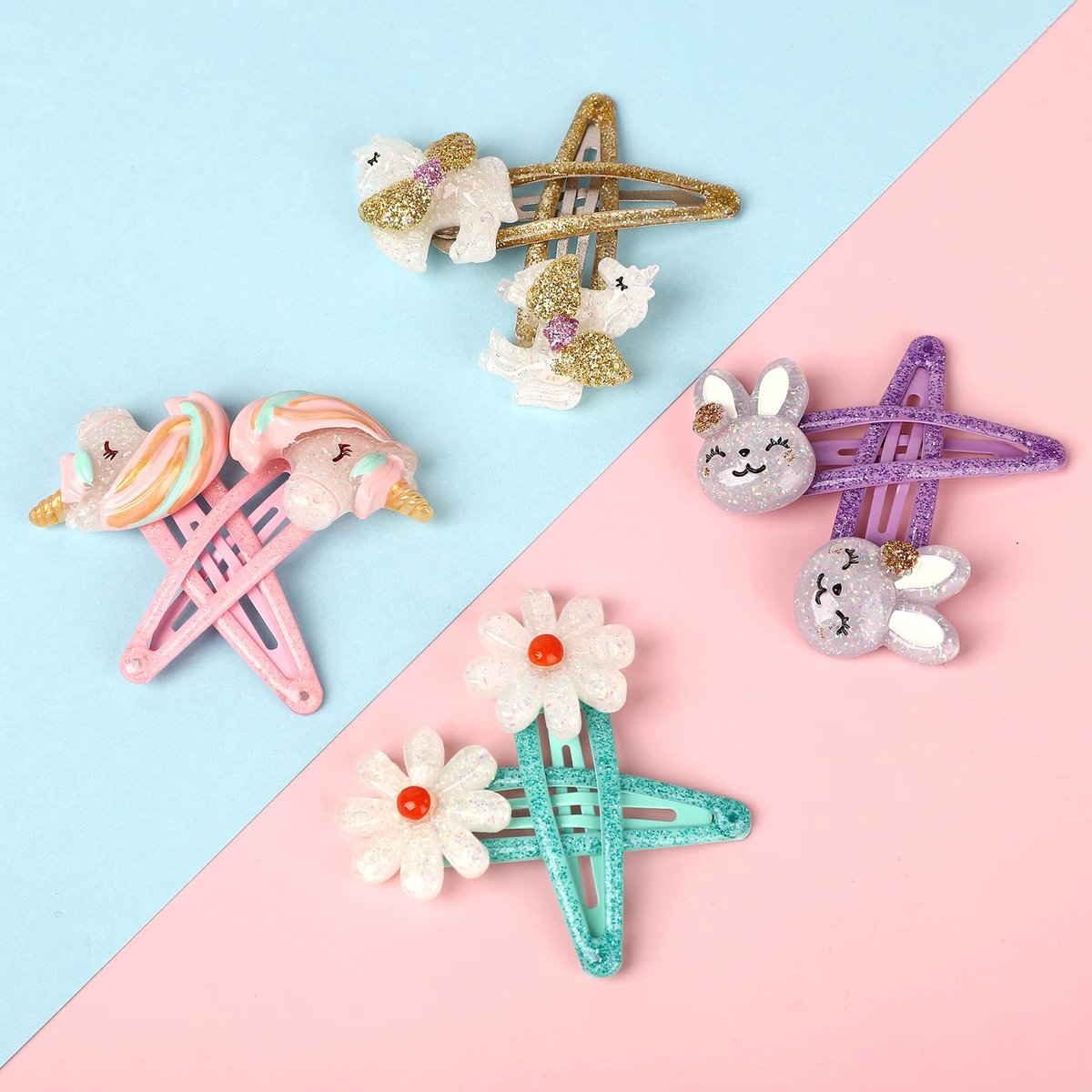 Wingchold Girls Flower Snap Hair Clips - 8 Pack Unicorn No Slip Metal Hair Pins for Toddlers Kids, Colorful Rabbit Barrette Hair Accessories, Party Birthday Gift Supplies - görsel 7