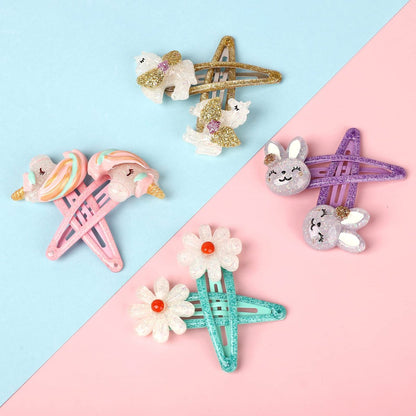 Wingchold Girls Flower Snap Hair Clips - 8 Pack Unicorn No Slip Metal Hair Pins for Toddlers Kids, Colorful Rabbit Barrette Hair Accessories, Party Birthday Gift Supplies