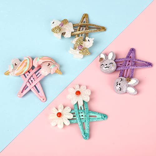 Wingchold Girls Flower Snap Hair Clips - 8 Pack Unicorn No Slip Metal Hair Pins for Toddlers Kids, Colorful Rabbit Barrette Hair Accessories, Party Birthday Gift Supplies - görsel 8