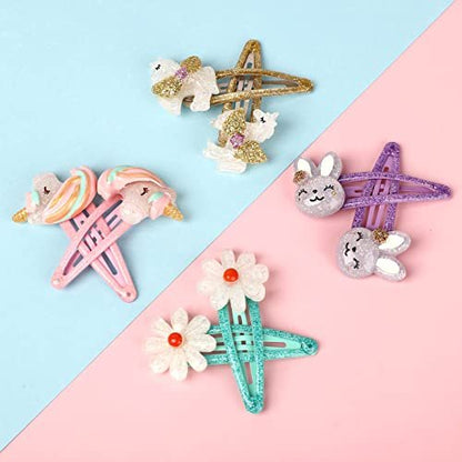 Wingchold Girls Flower Snap Hair Clips - 8 Pack Unicorn No Slip Metal Hair Pins for Toddlers Kids, Colorful Rabbit Barrette Hair Accessories, Party Birthday Gift Supplies
