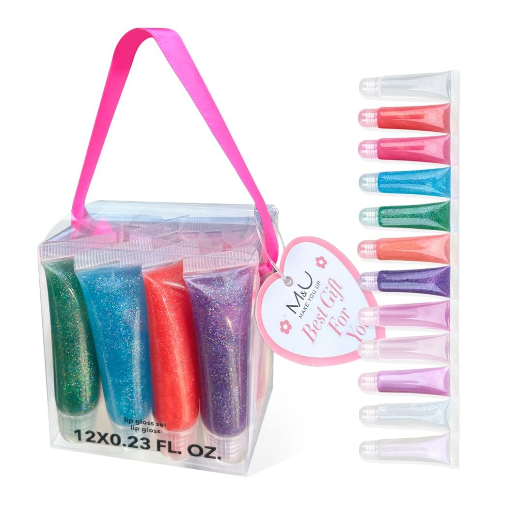 M&U Glitter Lip Gloss Set with Carrying Case - 12 Assorted Flavors Moisturizing Shimmer Glossy Lip Makeup for Kids and Teens Ages 5+ - görsel 1