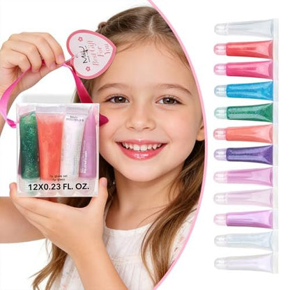 M&U Glitter Lip Gloss Set with Carrying Case - 12 Assorted Flavors Moisturizing Shimmer Glossy Lip Makeup for Kids and Teens Ages 5+