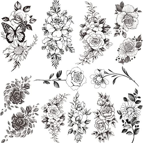 Tazimi 10 Sheets 3D Black Flower Rose Temporary Tattoos for Women – Waterproof Fake Body Art Stickers - görsel 4