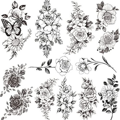 Tazimi 10 Sheets 3D Black Flower Rose Temporary Tattoos for Women – Waterproof Fake Body Art Stickers
