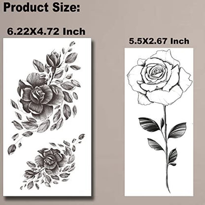 Tazimi 10 Sheets 3D Black Flower Rose Temporary Tattoos for Women – Waterproof Fake Body Art Stickers