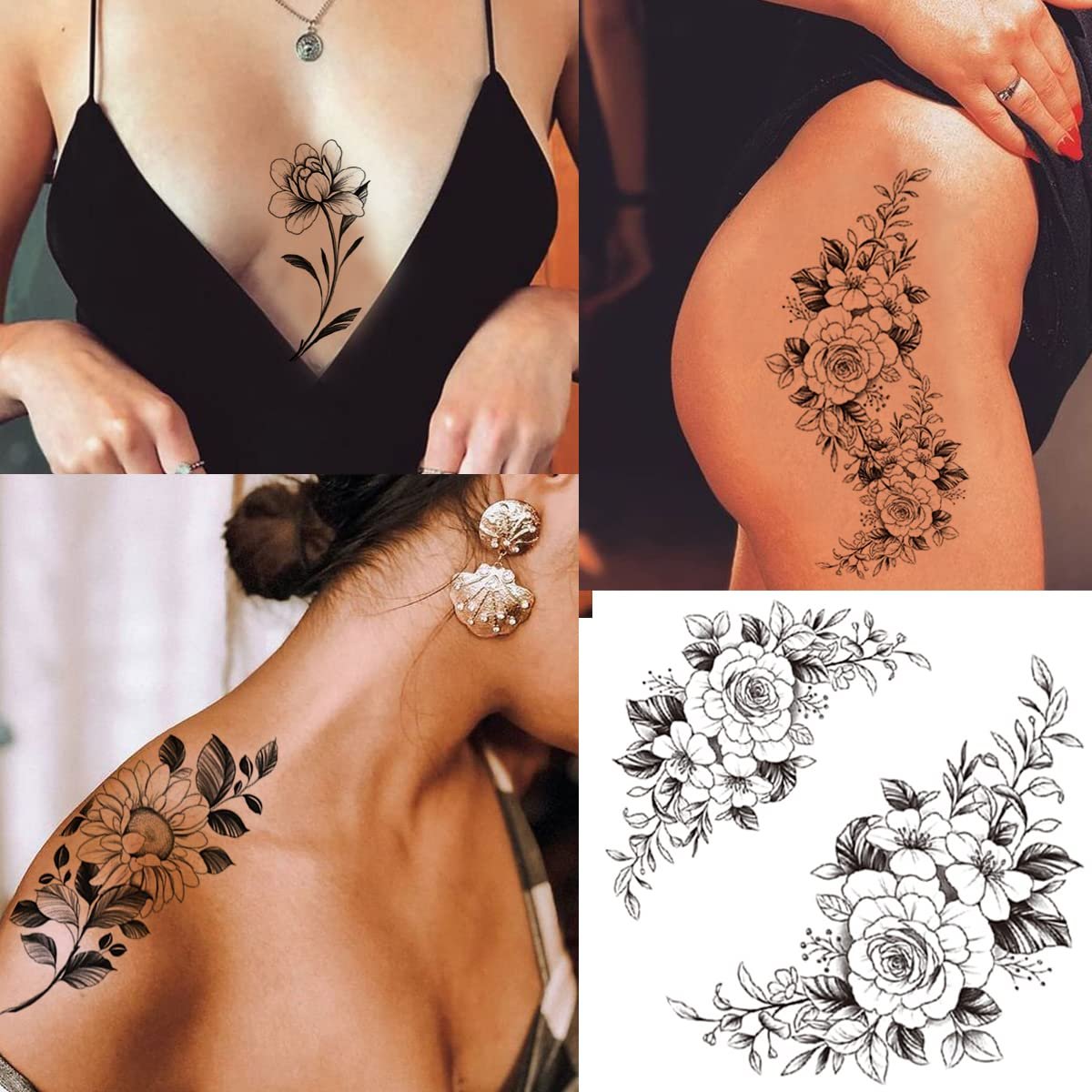 Tazimi 10 Sheets 3D Black Flower Rose Temporary Tattoos for Women – Waterproof Fake Body Art Stickers - görsel 1