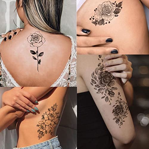 Tazimi 10 Sheets 3D Black Flower Rose Temporary Tattoos for Women – Waterproof Fake Body Art Stickers - görsel 6