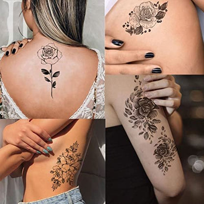 Tazimi 10 Sheets 3D Black Flower Rose Temporary Tattoos for Women – Waterproof Fake Body Art Stickers