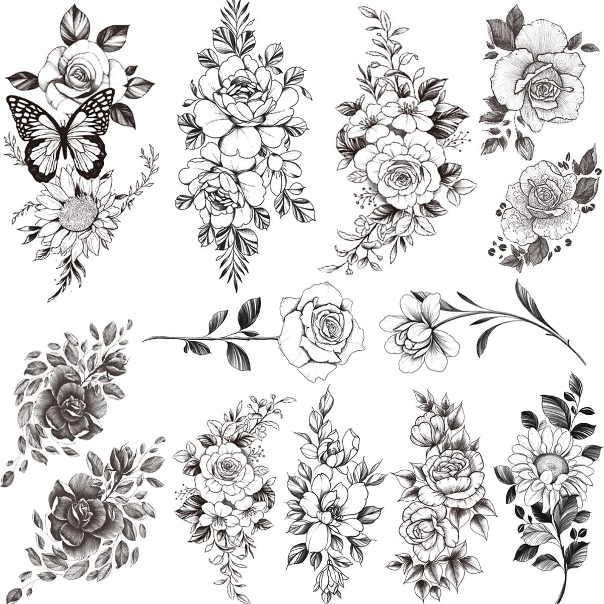 Tazimi 10 Sheets 3D Black Flower Rose Temporary Tattoos for Women – Waterproof Fake Body Art Stickers - görsel 3