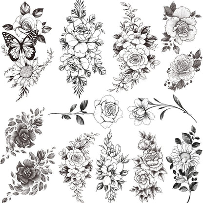 Tazimi 10 Sheets 3D Black Flower Rose Temporary Tattoos for Women – Waterproof Fake Body Art Stickers
