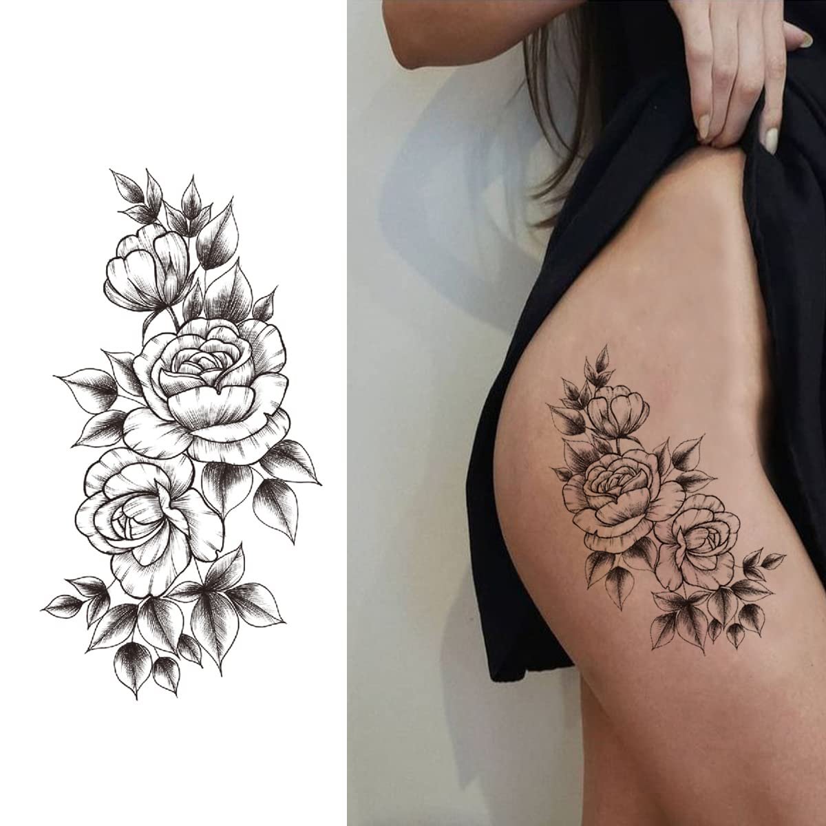 Tazimi 10 Sheets 3D Black Flower Rose Temporary Tattoos for Women – Waterproof Fake Body Art Stickers - görsel 7