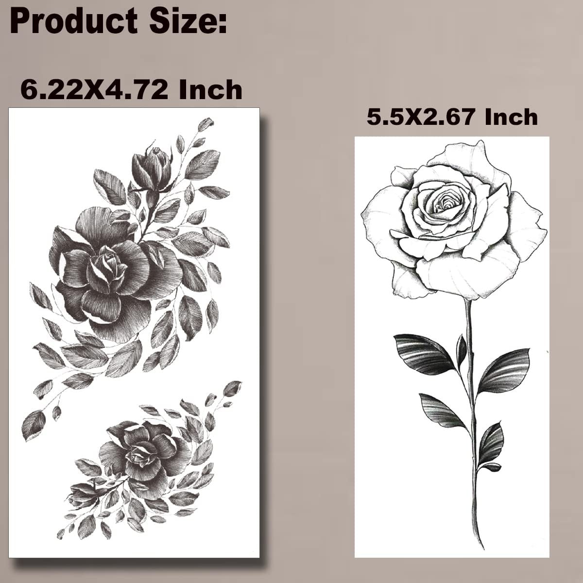 Tazimi 10 Sheets 3D Black Flower Rose Temporary Tattoos for Women – Waterproof Fake Body Art Stickers - görsel 9