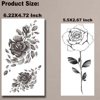 Tazimi 10 Sheets 3D Black Flower Rose Temporary Tattoos for Women – Waterproof Fake Body Art Stickers