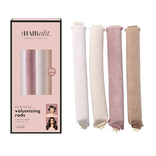 The Hair Edit Volumizing Hair Rods for Overnight Curls - No Heat Hair Rollers for Long or Medium Hair, Soft Velour Curlers, Damage-Free Styling Tools for Volumizing Waves, 4 Pack 10.5" Long Avelisse