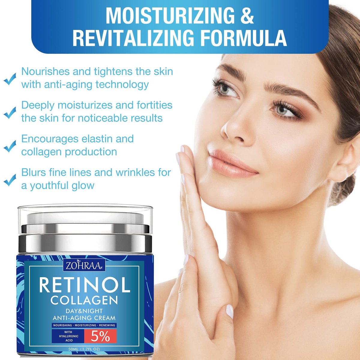 Retinol Cream for Face - Anti-Aging Moisturizer with Collagen, Hyaluronic Acid, Vitamin C & E - Natural Ingredients Day & Night Cream for Women and Men - görsel 5