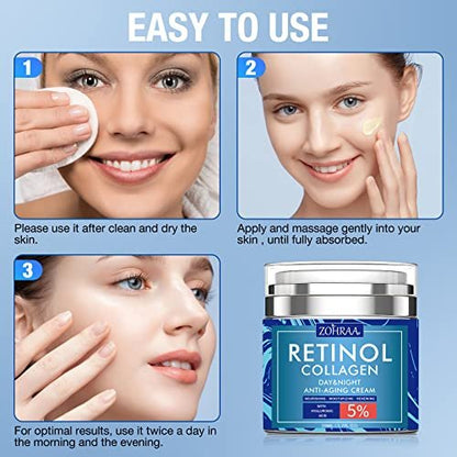 Retinol Cream for Face - Anti-Aging Moisturizer with Collagen, Hyaluronic Acid, Vitamin C & E - Natural Ingredients Day & Night Cream for Women and Men