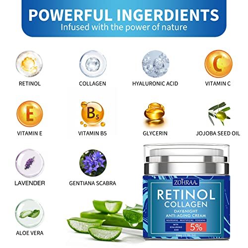 Retinol Cream for Face - Anti-Aging Moisturizer with Collagen, Hyaluronic Acid, Vitamin C & E - Natural Ingredients Day & Night Cream for Women and Men - görsel 4