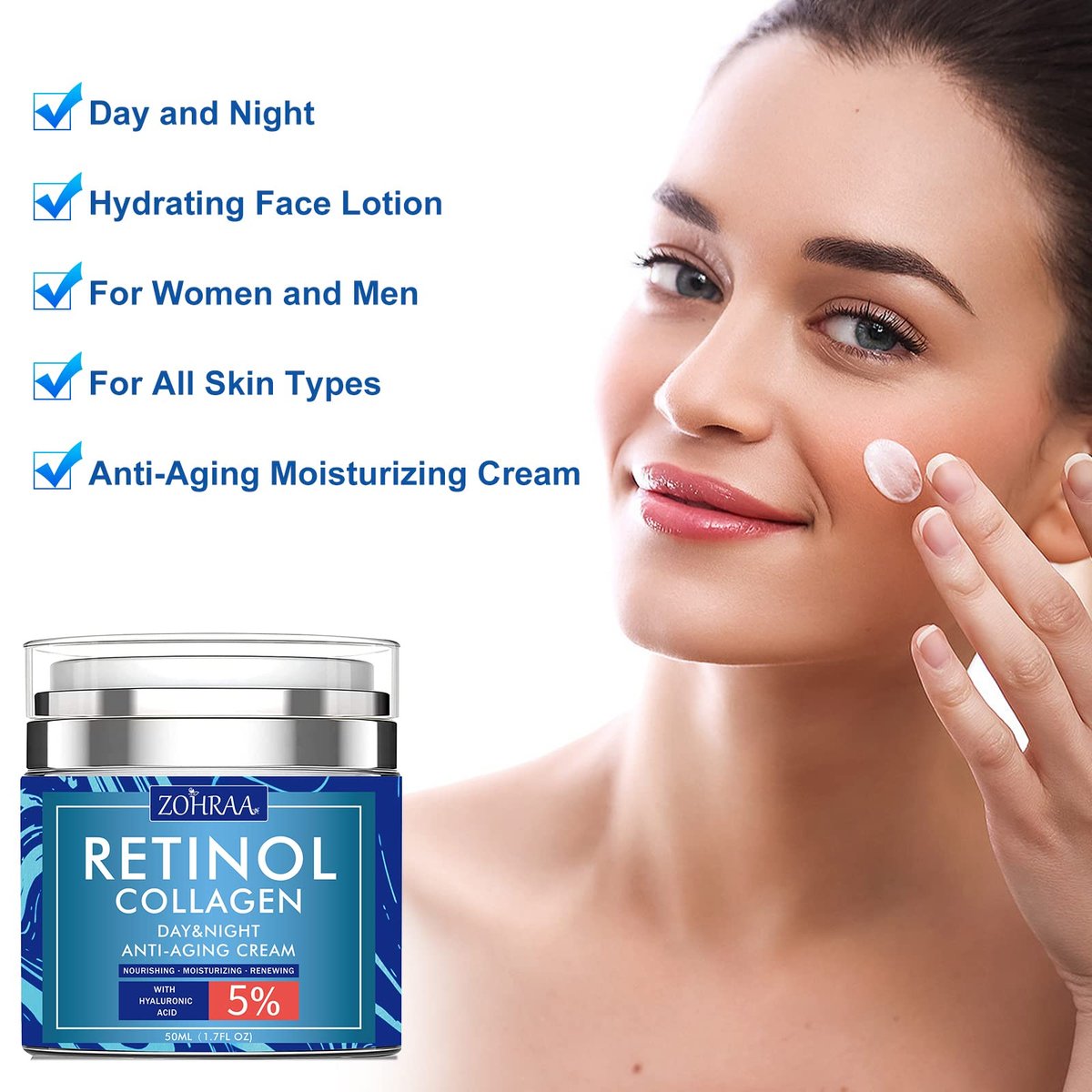 Retinol Cream for Face - Anti-Aging Moisturizer with Collagen, Hyaluronic Acid, Vitamin C & E - Natural Ingredients Day & Night Cream for Women and Men - görsel 13