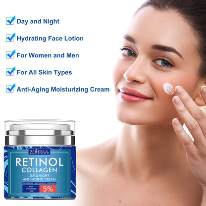 Retinol Cream for Face - Anti-Aging Moisturizer with Collagen, Hyaluronic Acid, Vitamin C & E - Natural Ingredients Day & Night Cream for Women and Men