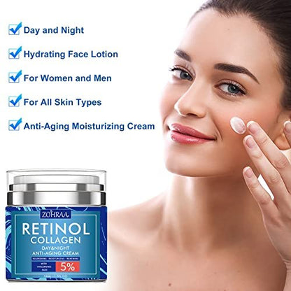 Retinol Cream for Face - Anti-Aging Moisturizer with Collagen, Hyaluronic Acid, Vitamin C & E - Natural Ingredients Day & Night Cream for Women and Men