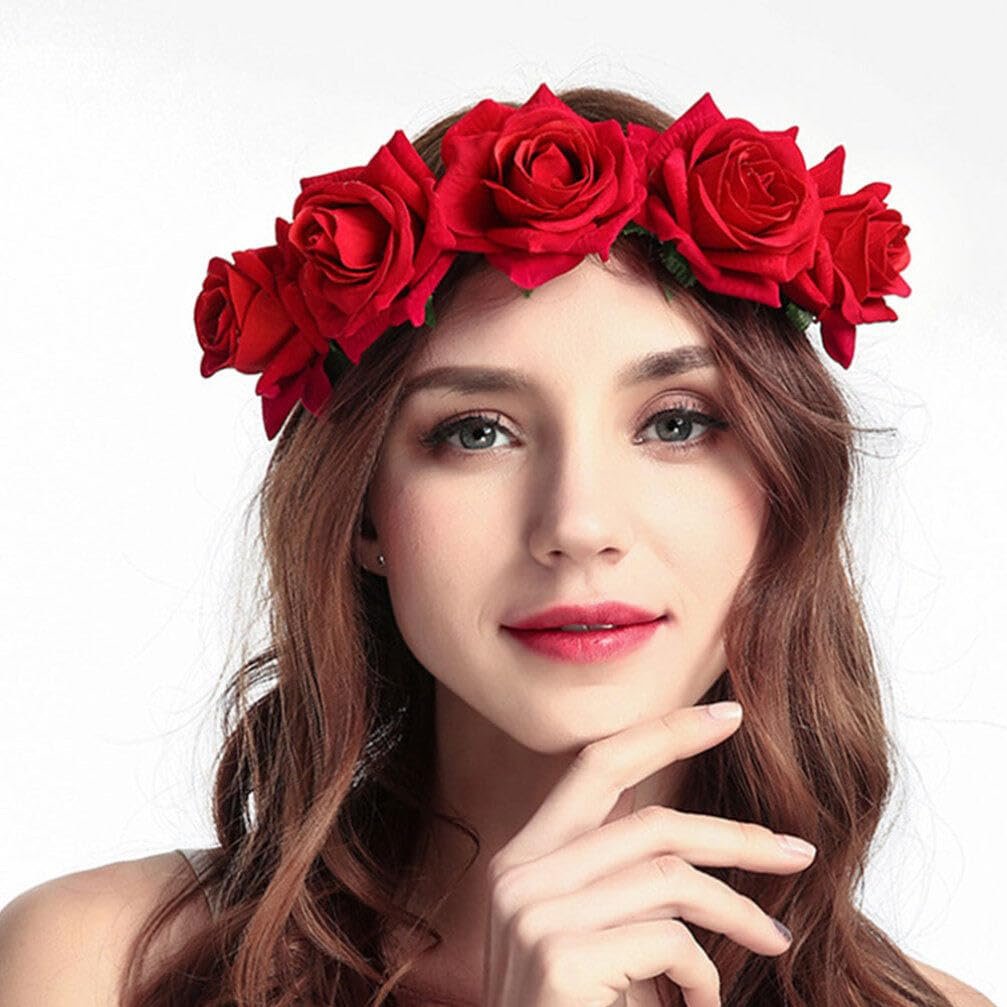 Beaupretty Red Flower Crown Day of the Dead Headpiece - Wedding Hair Garland Rose Floral Hair Band for Halloween Party Cosplay - görsel 3