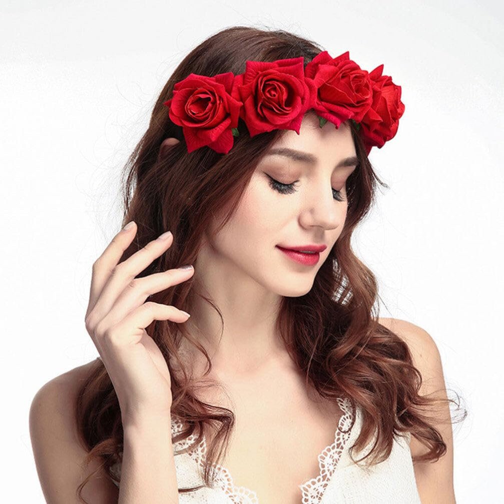 Beaupretty Red Flower Crown Day of the Dead Headpiece - Wedding Hair Garland Rose Floral Hair Band for Halloween Party Cosplay - görsel 7