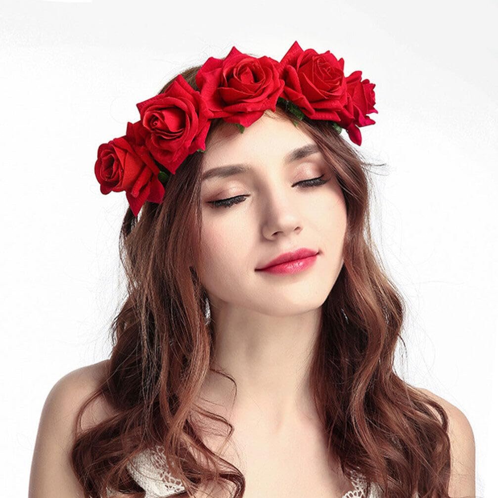 Beaupretty Red Flower Crown Day of the Dead Headpiece - Wedding Hair Garland Rose Floral Hair Band for Halloween Party Cosplay - görsel 5