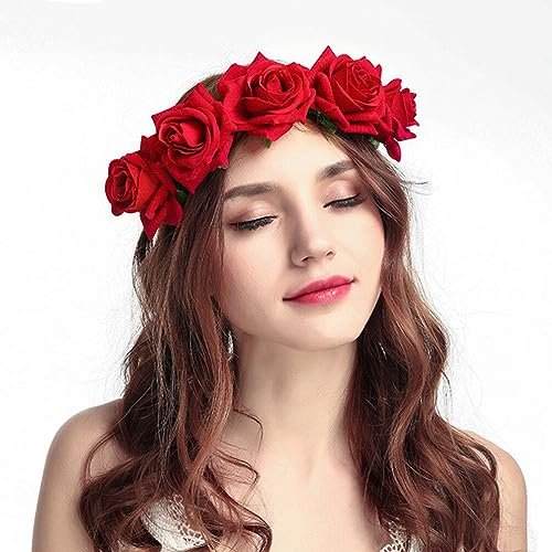 Beaupretty Red Flower Crown Day of the Dead Headpiece - Wedding Hair Garland Rose Floral Hair Band for Halloween Party Cosplay - görsel 6