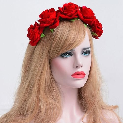 Beaupretty Red Flower Crown Day of the Dead Headpiece - Wedding Hair Garland Rose Floral Hair Band for Halloween Party Cosplay - görsel 10