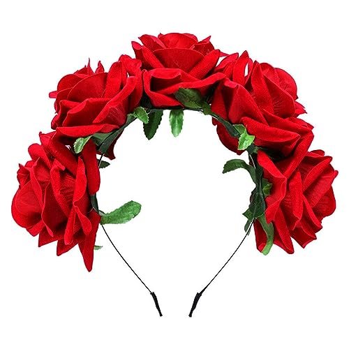 Beaupretty Red Flower Crown Day of the Dead Headpiece - Wedding Hair Garland Rose Floral Hair Band for Halloween Party Cosplay - görsel 2