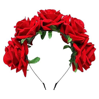 Beaupretty Red Flower Crown Day of the Dead Headpiece - Wedding Hair Garland Rose Floral Hair Band for Halloween Party Cosplay