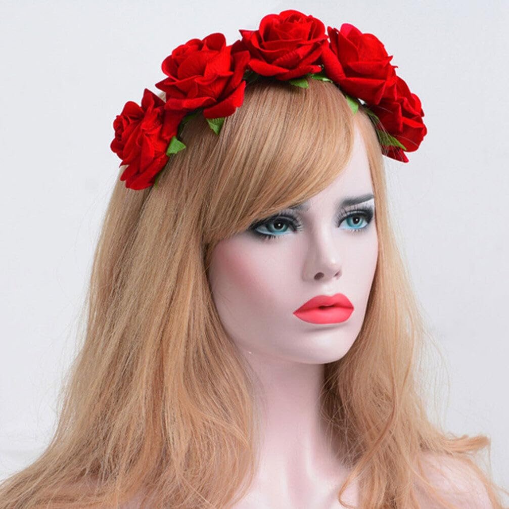 Beaupretty Red Flower Crown Day of the Dead Headpiece - Wedding Hair Garland Rose Floral Hair Band for Halloween Party Cosplay - görsel 9