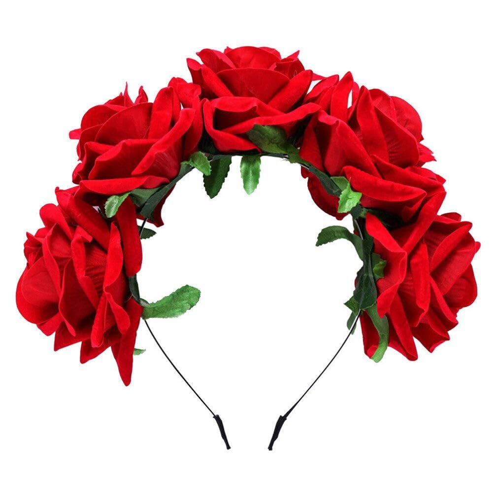 Beaupretty Red Flower Crown Day of the Dead Headpiece - Wedding Hair Garland Rose Floral Hair Band for Halloween Party Cosplay - görsel 1