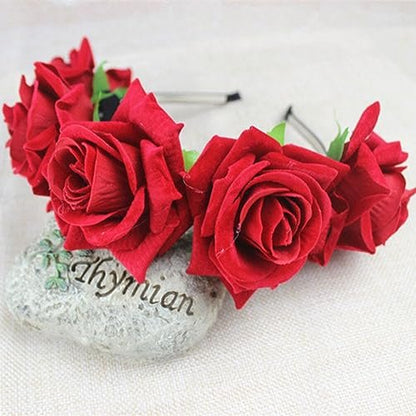 Beaupretty Red Flower Crown Day of the Dead Headpiece - Wedding Hair Garland Rose Floral Hair Band for Halloween Party Cosplay