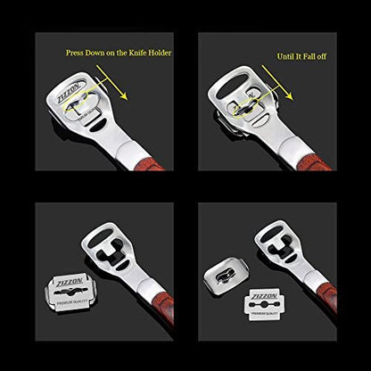 ZIZZON Foot Care Pedicure Callus Shaver Hard Skin Remover with Wood Handle and 70 Replacement Blades