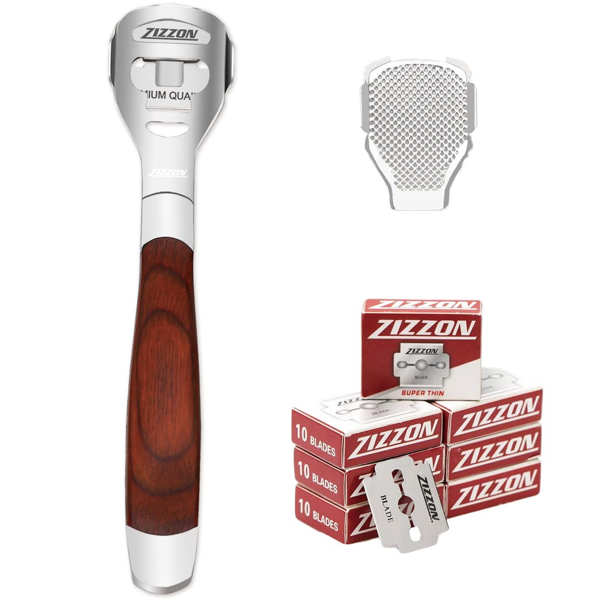 ZIZZON Foot Care Pedicure Callus Shaver Hard Skin Remover with Wood Handle and 70 Replacement Blades - görsel 1