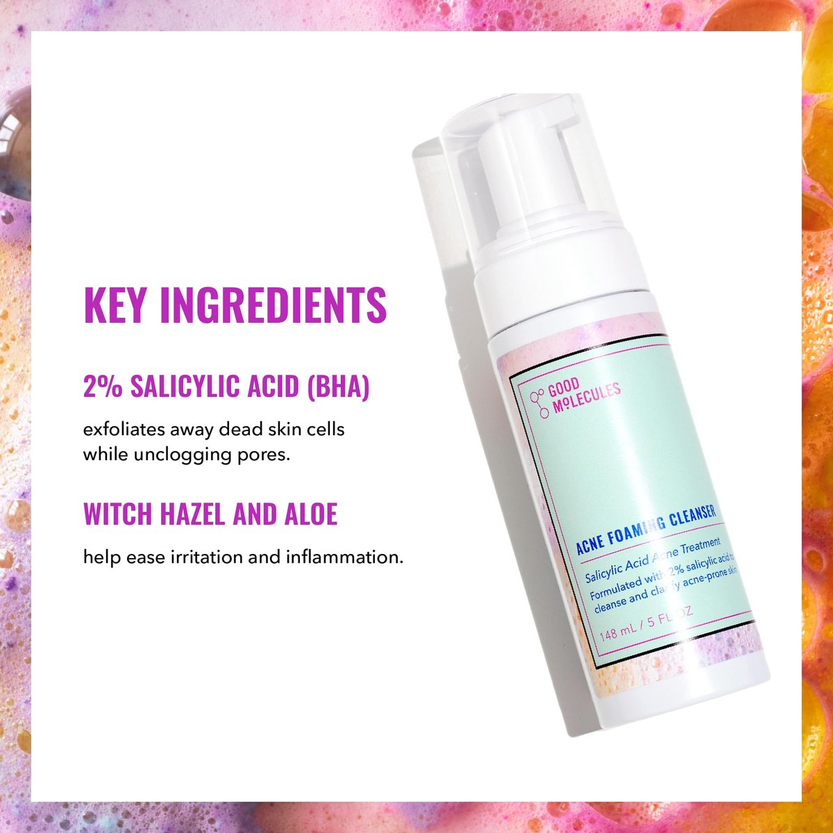 Good Molecules Acne Foaming Cleanser - 2% Salicylic Acid Face Wash for Acne-Prone Skin, Gentle Foaming Cleanser with Alcohol-Free Witch Hazel & Aloe, 5 Fl Oz - görsel 5