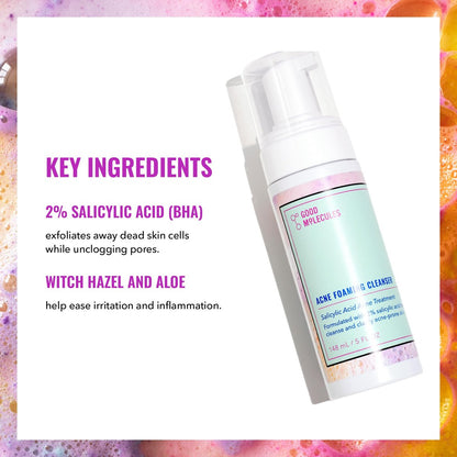 Good Molecules Acne Foaming Cleanser - 2% Salicylic Acid Face Wash for Acne-Prone Skin, Gentle Foaming Cleanser with Alcohol-Free Witch Hazel & Aloe, 5 Fl Oz