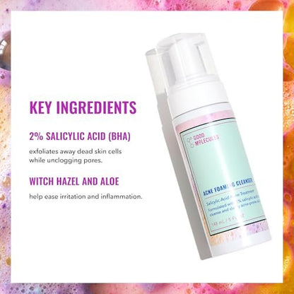 Good Molecules Acne Foaming Cleanser - 2% Salicylic Acid Face Wash for Acne-Prone Skin, Gentle Foaming Cleanser with Alcohol-Free Witch Hazel & Aloe, 5 Fl Oz